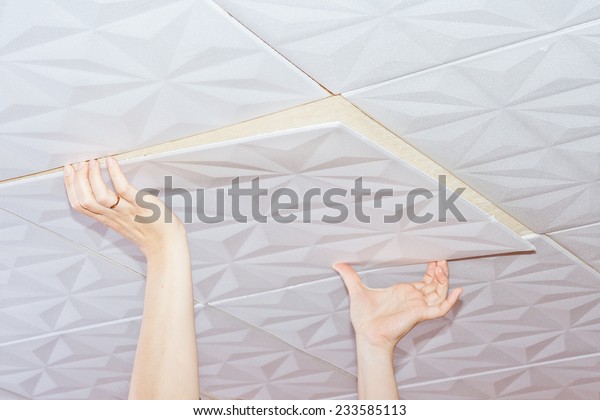 Installation Ceiling Tiles Made Polystyrene Stock Image