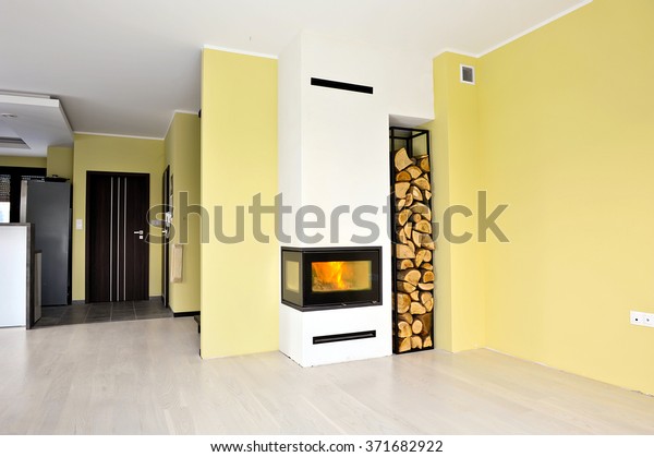 Installation Fireplace Insert Livingroom Step 5 Stock Photo Edit