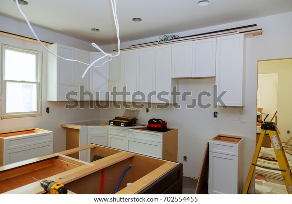 Installation Kitchen Cabinets Drawer Cabinet Stock Photo