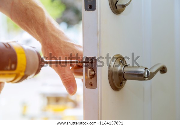 Installation Locked Interior Door Knobs Closeup Stock Photo