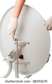 Installation of satellite dish isolated on a white background