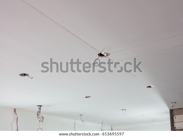 Installation Spot Lamp Gypsum Board Ceiling Stock Photo