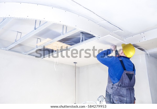 Installation Suspended Ceilings Finishing Works Stock Photo