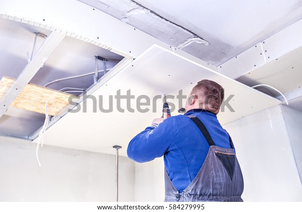 Installation Suspended Ceilings Finishing Works Stock Photo Edit