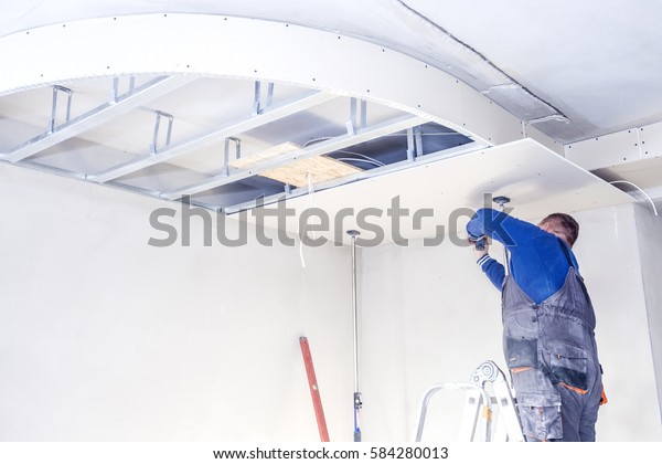 Installation Suspended Ceilings Finishing Works Stock Photo