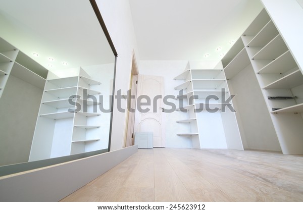 Installation White Corner Sliding Wardrobe Reflection Stock Photo