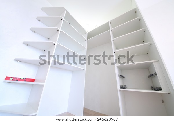 Installation White Corner Sliding Wardrobe Without Stock Photo