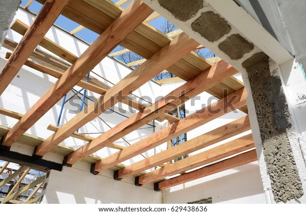 Installation Wooden Beams Construction Roof Truss Stock