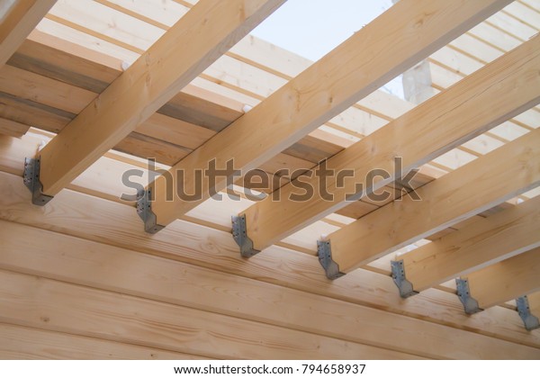 Installation Wooden Beams Construction Roof Truss Royalty Free