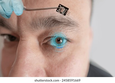 Installing electronic chip into human bionic, neuroprosthetic eye, cutting-edge technology, Visionary technological advancement, restore sight