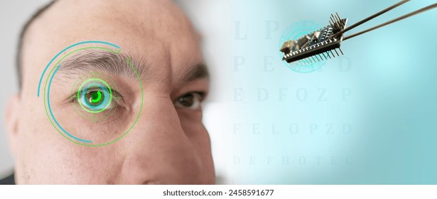 Installing electronic chip into human bionic, neuroprosthetic eye, cutting-edge technology, Visionary technological advancement and futuristic vision