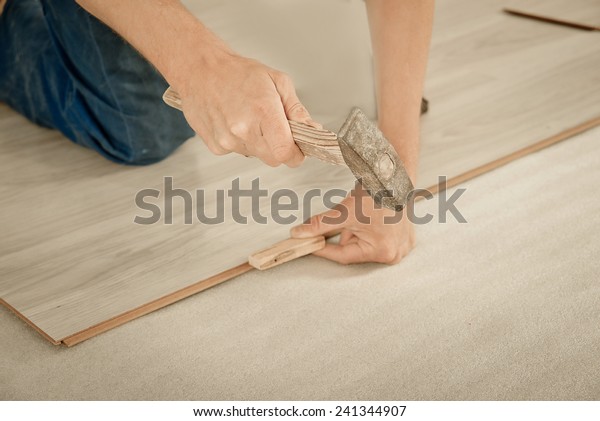Installing Laminate Flooring Fitting Next Piece Stock Photo Edit