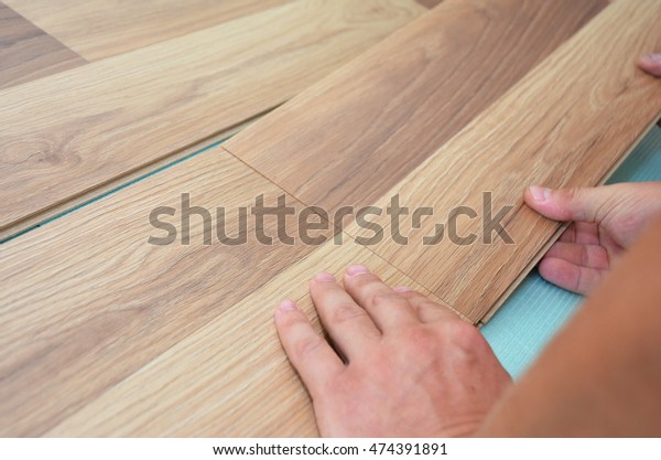 Installing Laminate Flooring Fitting Next Piece Stock Photo Edit