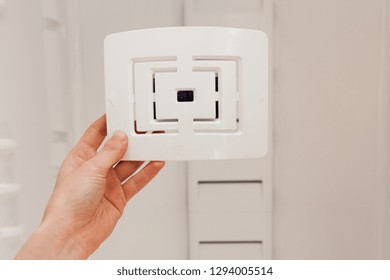 Installing New, Clean Air Filter In An Empty Washed Refrigerator. Young Woman Cleaning Refrigerator