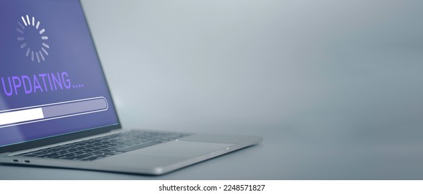 Installing software update process, operating system upgrade concept. Hand using laptop with Installing app patch or app new version updating progress bar on virtual screen.