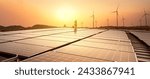 Installing solar panels and wind farms - wind-powered electrical generators, new technology for Renewable energy clean and good environmentally. panoramic banner.