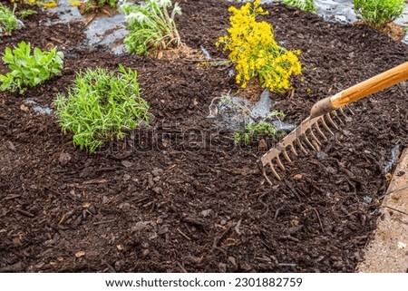 Installing weed control fabric material and bark mulch in a residential garden to control weed spreading