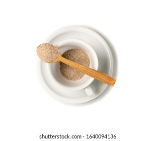 Instant Coffee 3 In 1 In White Cup, Instant Tea, Cocoa Or Chocolate Isolated On White Background Top View. Neat Round Pile Of Light Brown Drink Powder Mix With Dry Milk And Sugar