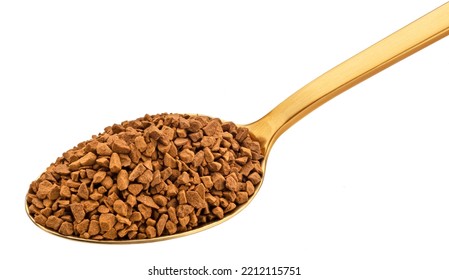 Instant Coffee In Gold Spoon Isolated On White Background
