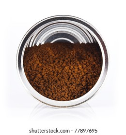 Instant Coffee Poured From A Metal Tin On A White Background.