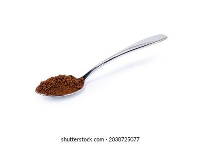 Instant coffee powder in stainless teaspoon isolated on white background. Clipping path.
