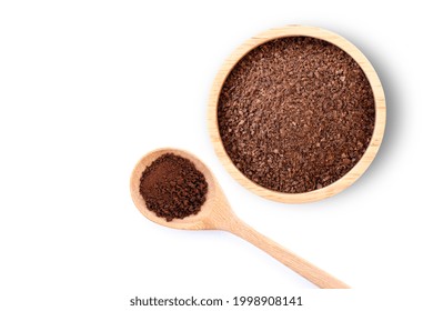 Instant Coffee Powder In Wooden Bowl And Spoon Isolated On White Background. Top View. Flat Lay.