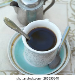 Instant Cup Of Coffee With Spoon, Overhead Square Shot, Shallow Depth Of Field