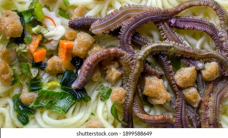 Instant Fast Food Noodles (ramen) With Dreadful Sea Worms. The Concept Of Tasteless Cooking, Restaurant Critic Review.