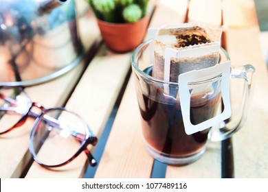 Instant freshly brewed glass of coffee, Drip bag fresh coffee 