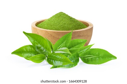 Instant Matcha Green Tea In A Bowl And Leaf Isolated On White Background