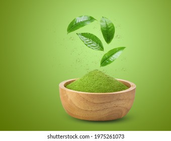 Instant Matcha Green Tea Powder In Wood Bowl With Leaves