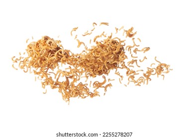 Instant Noodle fly explosion, yellow instant noodle float explode, abstract cloud fly. Curved dried instant noodles splash throwing in Air. White background Isolated high speed shutter, freeze motion - Shutterstock ID 2255278207
