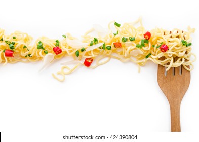 Instant Noodle And Wooden Fork, Spicy, Onion, Onion Leaf With Copyspace For Web Banner.