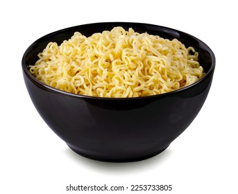  instant noodles with in black  bowl isolated on white background with clipping path. Asian and Chinese style fast food concept.