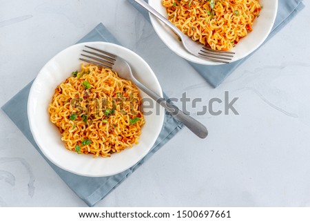 Instant Noodles in the Bowls Top Down Photo on White Background.