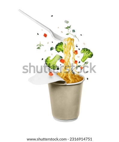 Instant noodles with food ingredients fly out from a cardboard cup isolated on white background