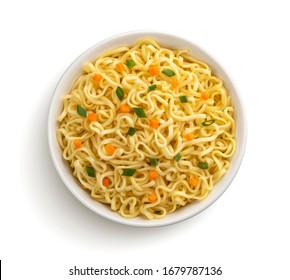Instant noodles with vegetables and herbs in bowl isolated on white background, top view