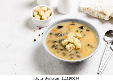 Instant Pot Mushroom Soup. Top View, Copy Space.