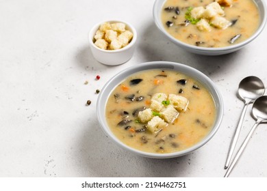 Instant Pot Mushroom Soup. Top View, Copy Space.