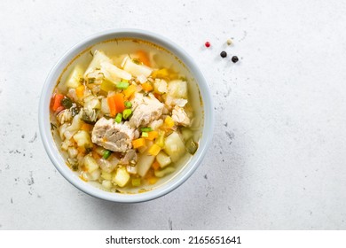 Instant Pot Pork Soup With Vegetables. Top View, Copy Space, Flat Lay.