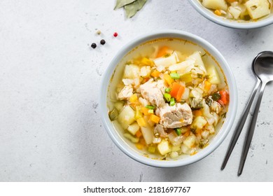 Instant Pot Pork Soup With Vegetables. Top View, Copy Space, Flat Lay.