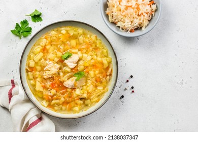 Instant Pot Sauerkraut Soup In Plate. Top View, Copy Space, Flat Lay.