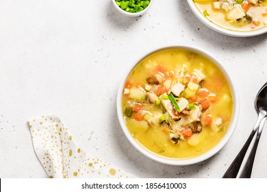 Instant pot split pea soup with smoked turkey. Space for text, top view.