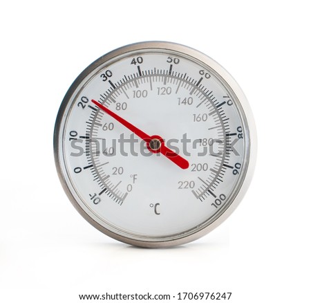 Instant-read thermometer meat or food. Front view, close up. Temperature gauge in Fahrenheit and Celsius. Check your meat for food save temperature. Isolated on white. Stainless steel kitchen gadget.
