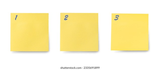 instruction mockup. 1, 2, and 3 order numbers on blank yellow sticky notes with copy space, priority, process, or instruction. plan point by point