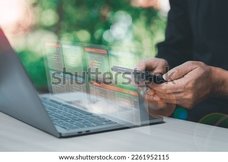 Instruction set of programming coding mobile app. programmer design device app and script coding, compiler, encode, debug, developer application software for business corporate with laptop computer.