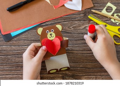 Instruction, Step 13. On Mothers Day Or Valentines Day Gift - A Teddy Bear With A Heart-card. Handmade Paper Ideas. Childrens Creativity Project, Handmade, Crafts For Kids.