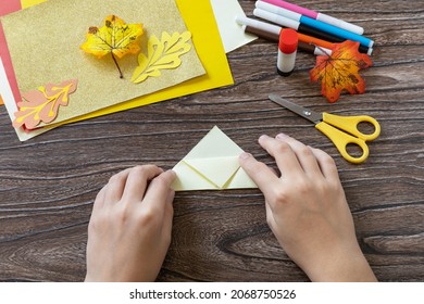 Instruction Step 4. Thanksgiving Craft Bookmark Turkey Paper On A Wooden Table. Childrens Art Project, Handmade, Crafts For Kids.