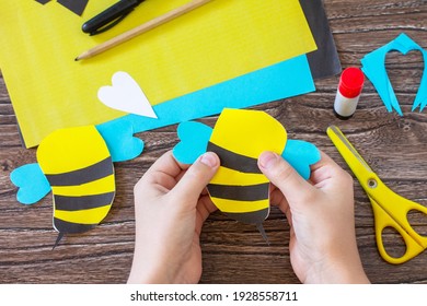 Instruction Step 8. Mother's Day Greeting Card Gift - Bee With Spring Apple Tree Flowers. Childrens Creativity Project, Handmade, Crafts For Kids. 