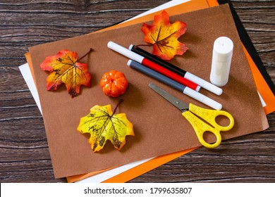 Instructions, Step 1. Greeting Card For Thanksgiving On A Wooden Table. Childrens Art Project, Handmade, Crafts For Children.